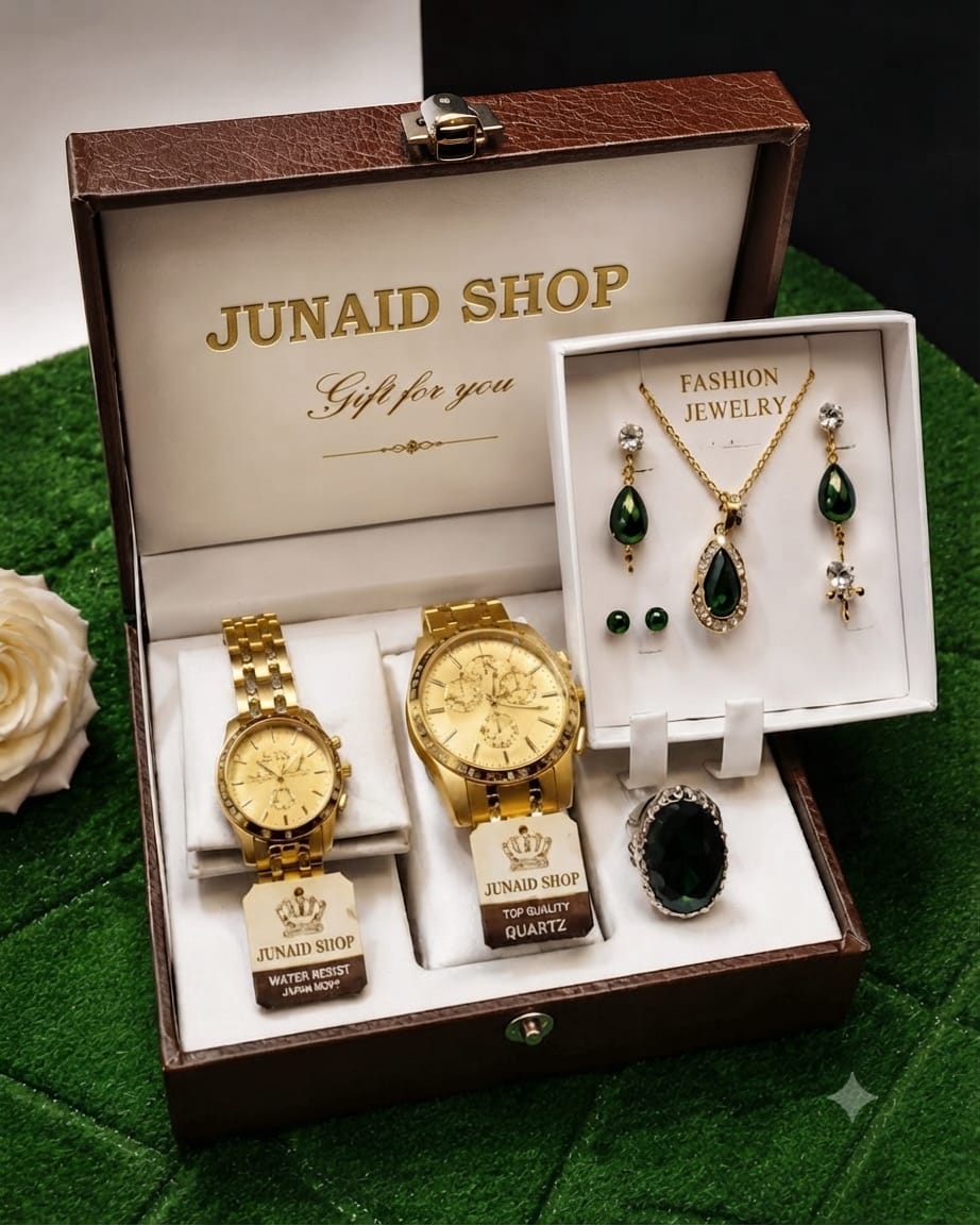 Junaid Shop Luxury Gold Couple Watch Set with Emerald Green Jewelry