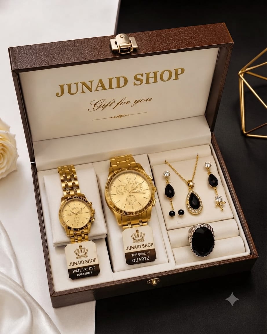 Junaid Shop Luxury Gold Couple Watch Set with Emerald Green Jewelry