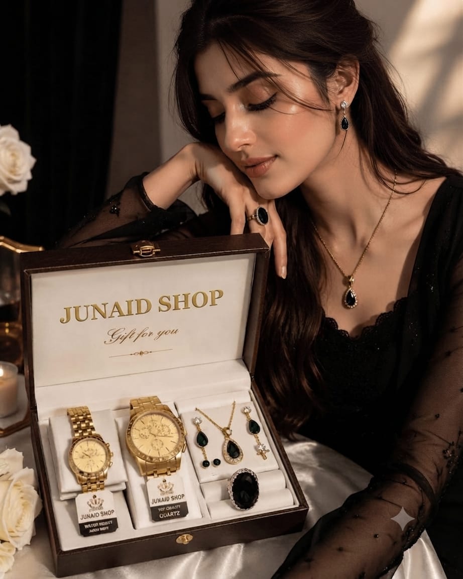 Junaid Shop Luxury Gold Couple Watch Set with Emerald Green Jewelry